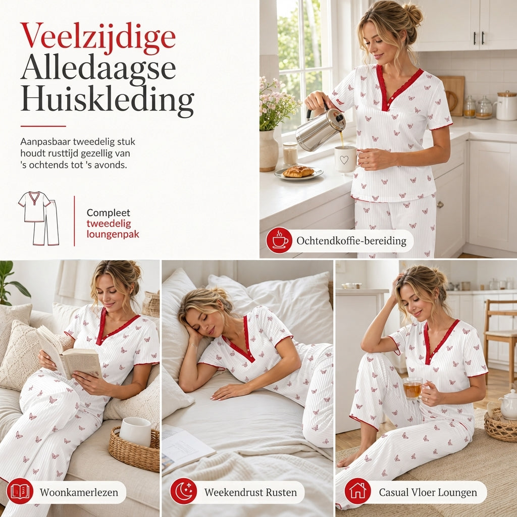 😍Dames Pyjamaset met Print: Korte Mouwen Top en Lange Broek, Comfortabele Rekbare Loungewear