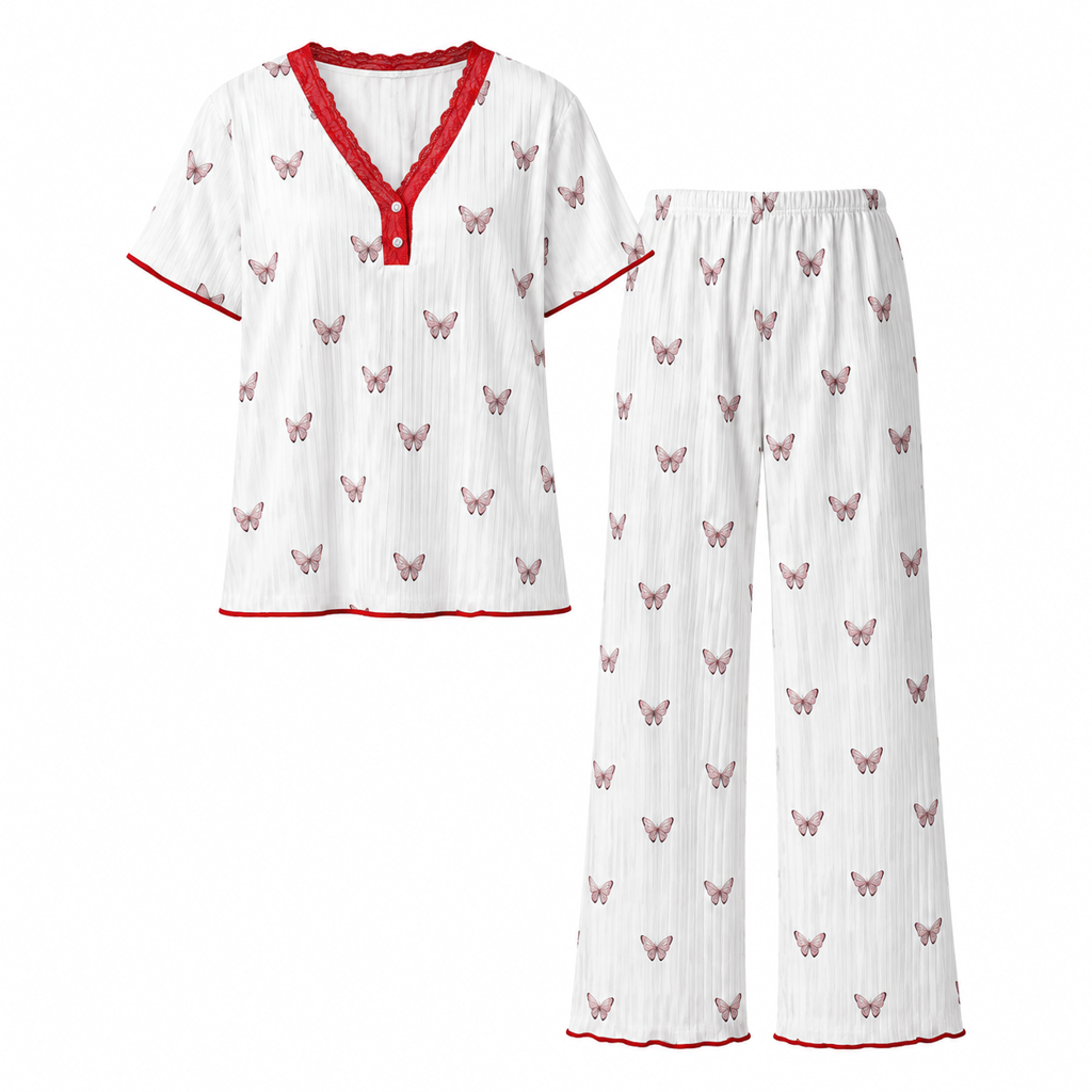 😍Dames Pyjamaset met Print: Korte Mouwen Top en Lange Broek, Comfortabele Rekbare Loungewear