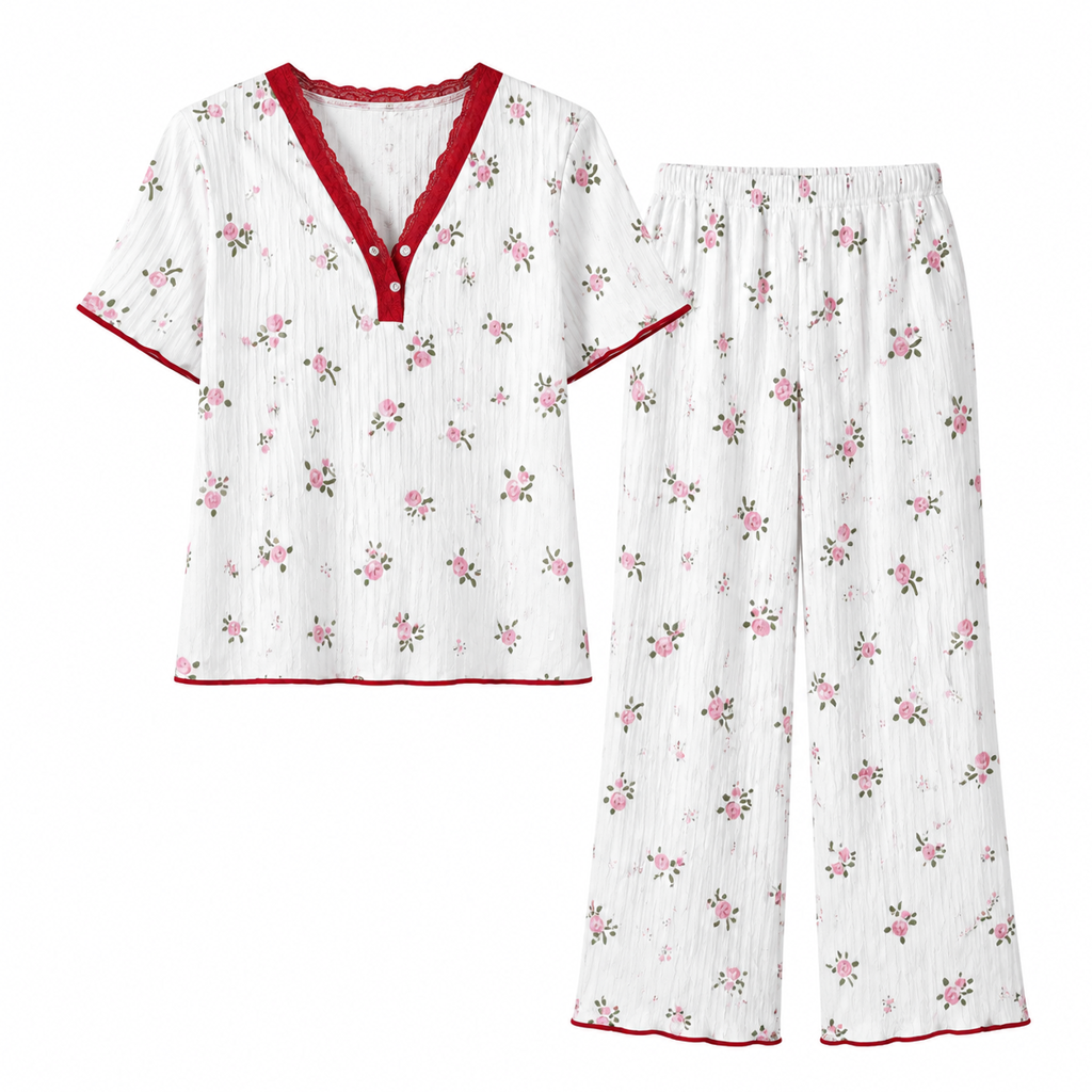 😍Dames Pyjamaset met Print: Korte Mouwen Top en Lange Broek, Comfortabele Rekbare Loungewear
