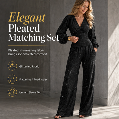 🔥Gratis verzending✈️Tweedelige damesoutfit voor herfst/winter: top met diepe V-hals, lantaarnmouwen en plooien, en wijde broek met zakken