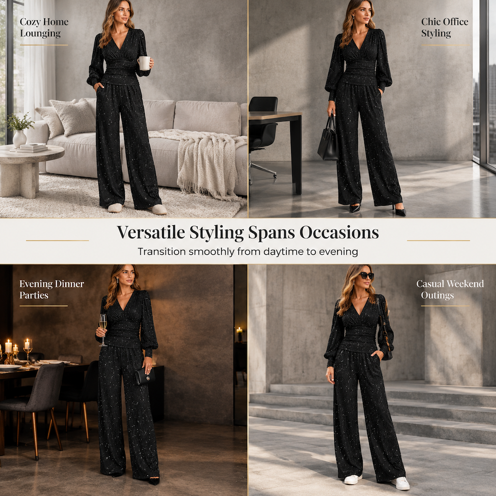🔥Gratis verzending✈️Tweedelige damesoutfit voor herfst/winter: top met diepe V-hals, lantaarnmouwen en plooien, en wijde broek met zakken