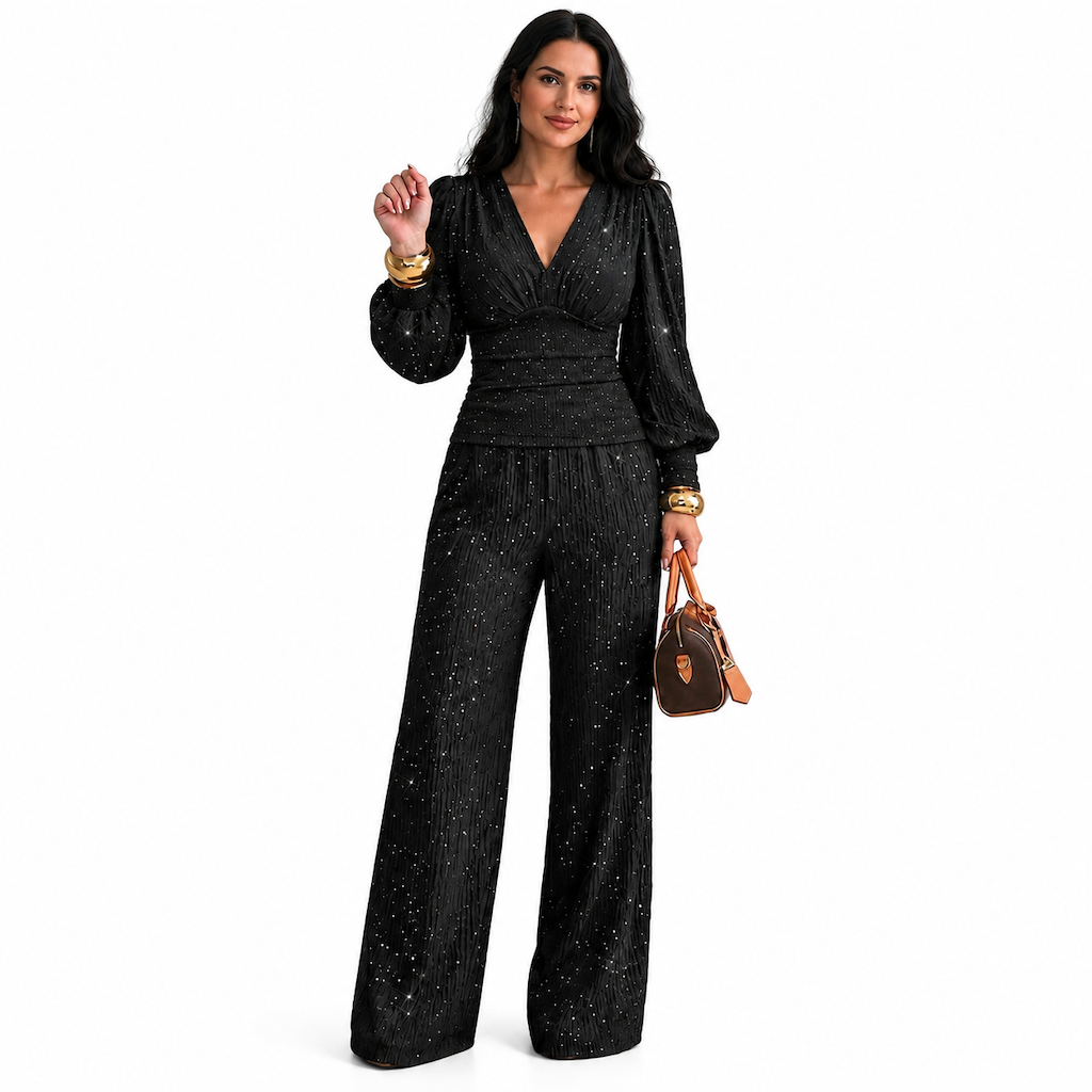 🔥Gratis verzending✈️Tweedelige damesoutfit voor herfst/winter: top met diepe V-hals, lantaarnmouwen en plooien, en wijde broek met zakken
