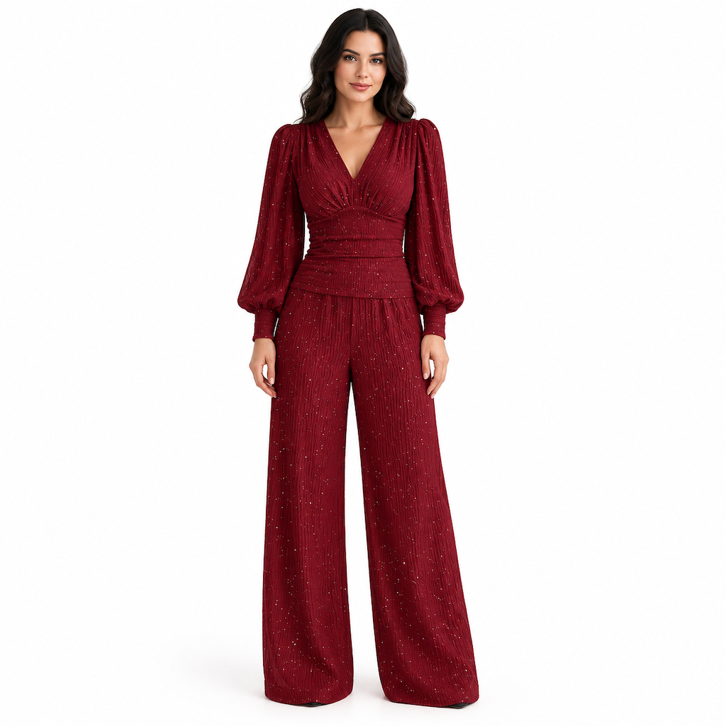 🔥Gratis verzending✈️Tweedelige damesoutfit voor herfst/winter: top met diepe V-hals, lantaarnmouwen en plooien, en wijde broek met zakken