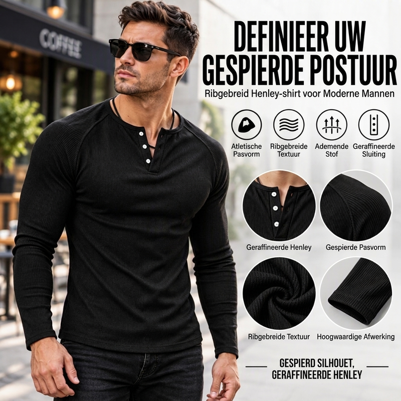 💪Heren Casual Slim Fit Geribde Henley T-Shirt