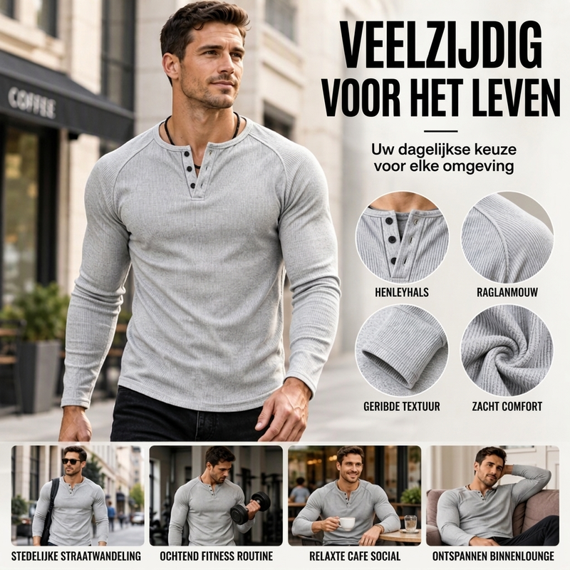 💪Heren Casual Slim Fit Geribde Henley T-Shirt