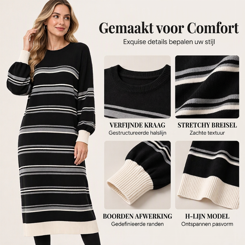 🔥Gratis verzending✈️Gestreepte Gebreide Jurk met Lange Mouwen voor Dames