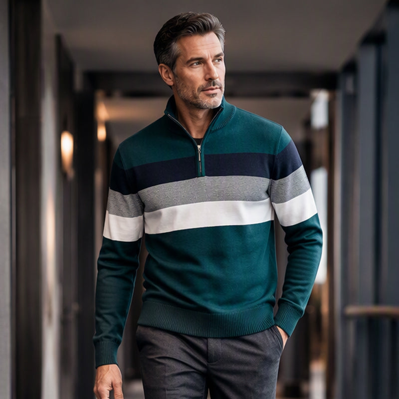 🔥Gratis verzending✈️Casual herentrui met halve rits en strepen in slim fit