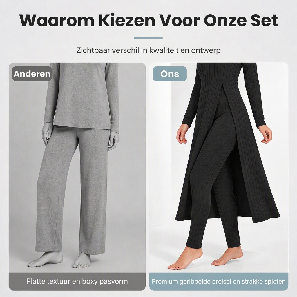 ✨ Gemakkelijk dagelijks comfort | 2-delige set voor dames van een geribbelde langwerpige top en slim-fit broek