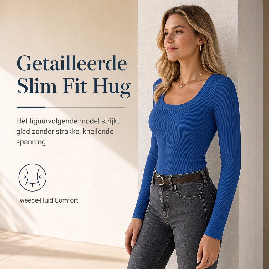 😍Vrouwen vierkante hals lange mouwen geribbelde gebreide slim fit T-shirt