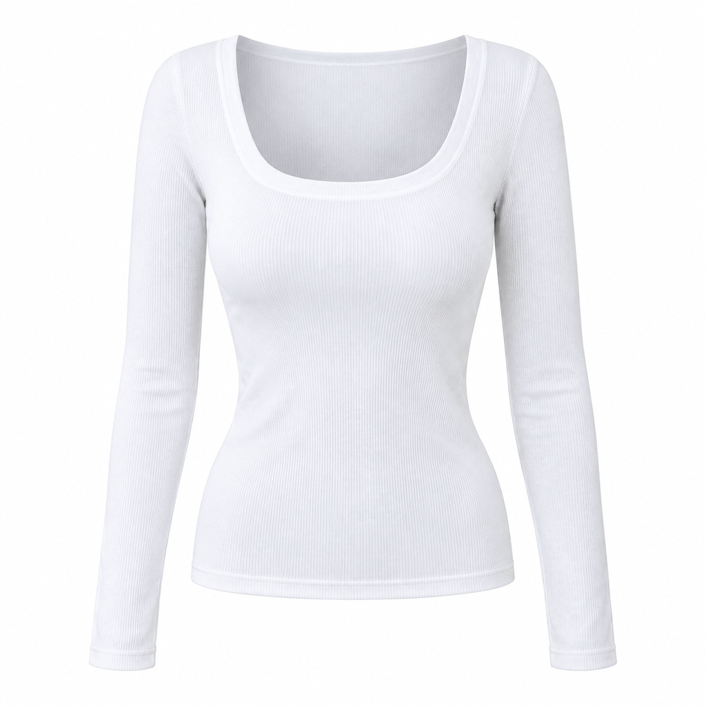 😍Vrouwen vierkante hals lange mouwen geribbelde gebreide slim fit T-shirt