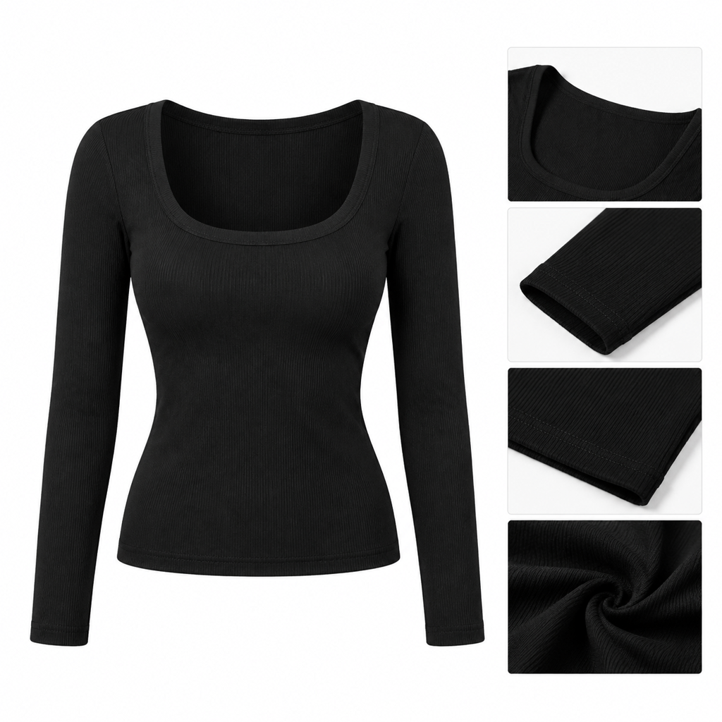😍Vrouwen vierkante hals lange mouwen geribbelde gebreide slim fit T-shirt