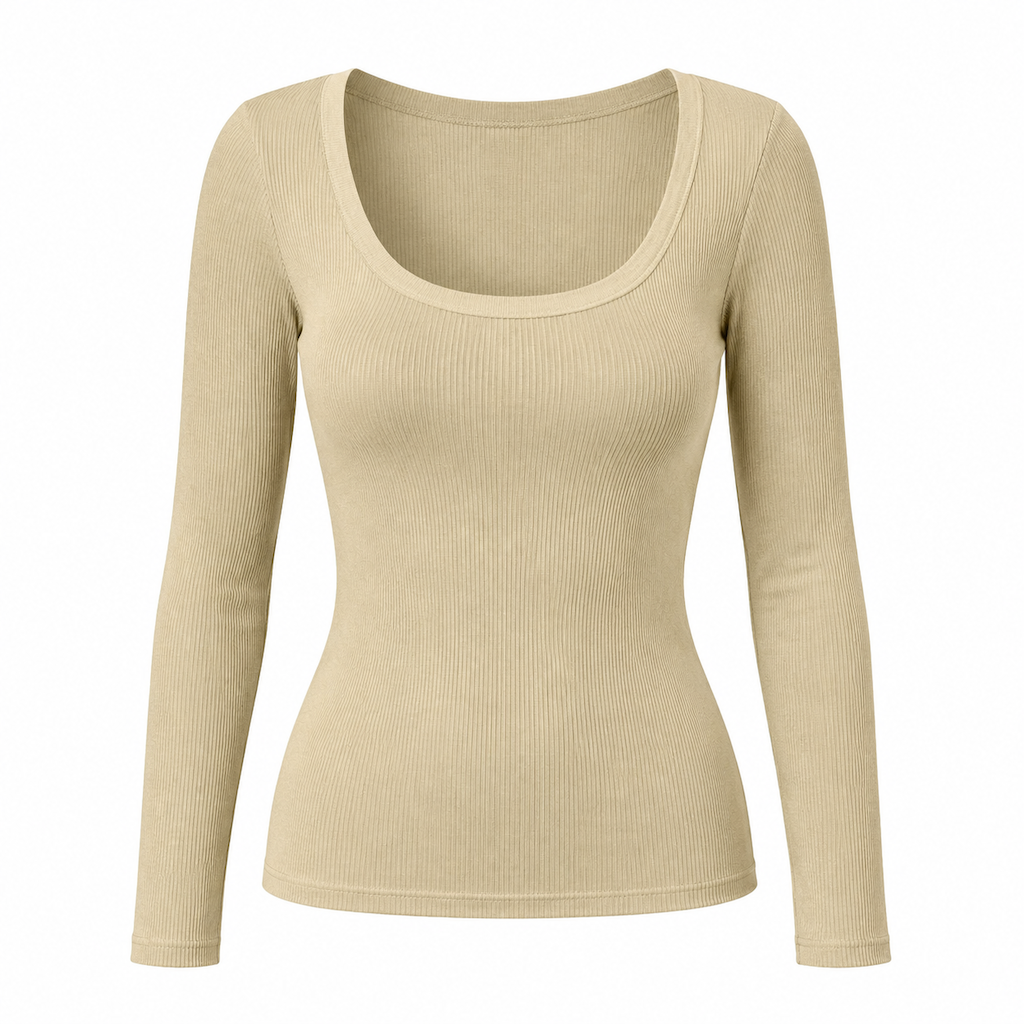 😍Vrouwen vierkante hals lange mouwen geribbelde gebreide slim fit T-shirt