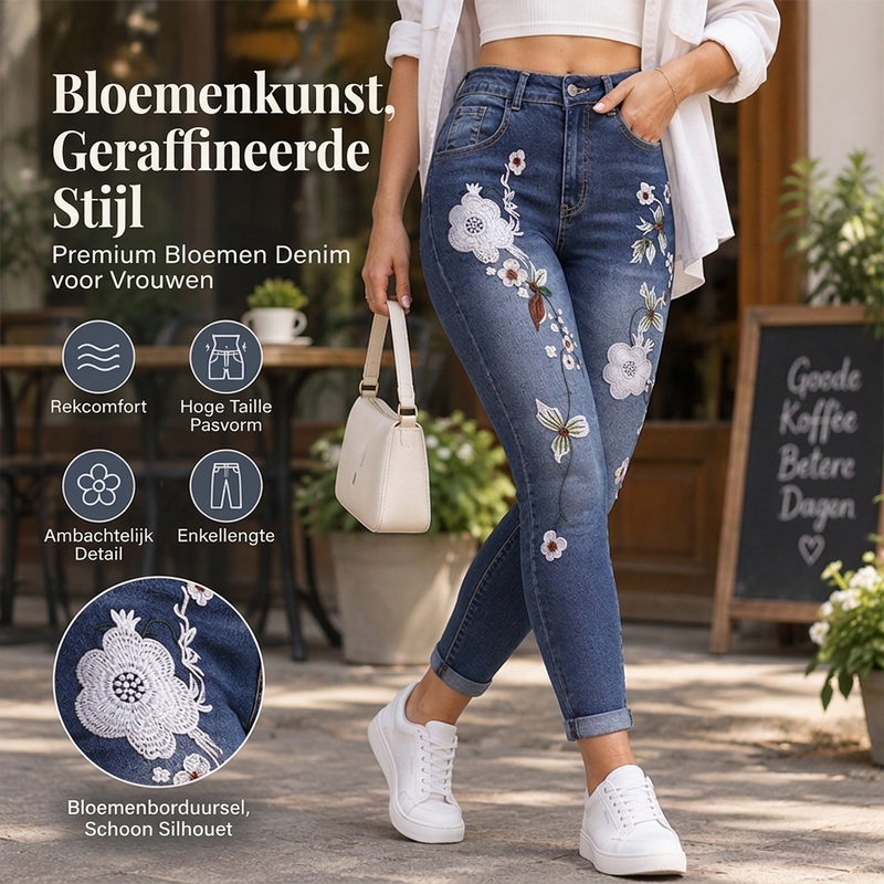 🔥Gratis verzending✈️Dames elastische jeans met bloem borduursel en skinny pasvorm
