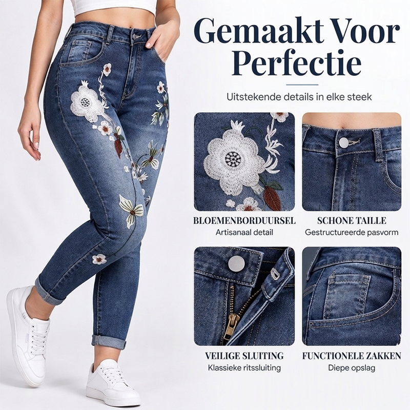 🔥Gratis verzending✈️Dames elastische jeans met bloem borduursel en skinny pasvorm
