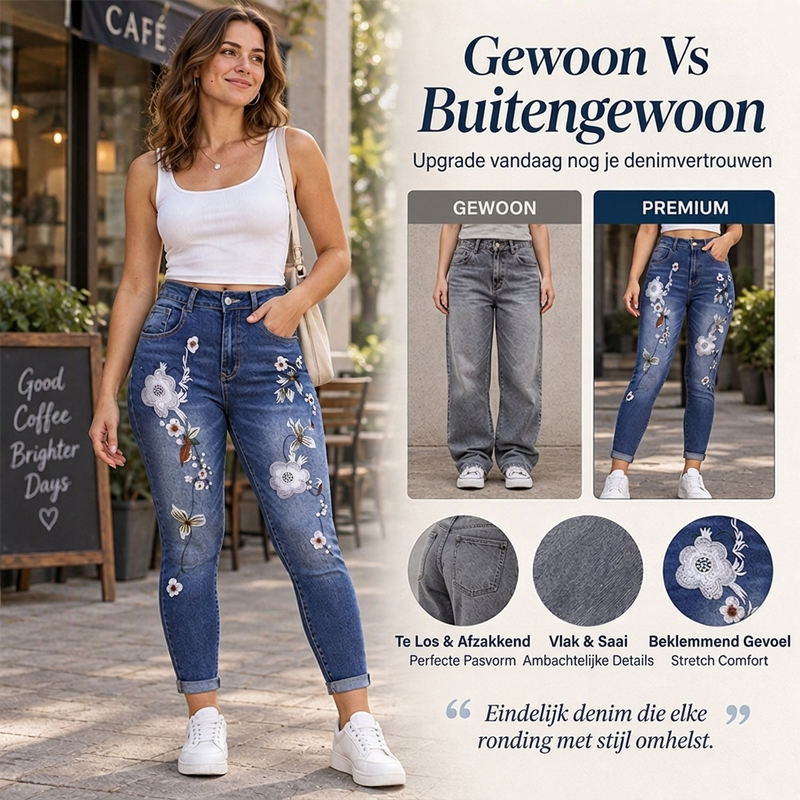 🔥Gratis verzending✈️Dames elastische jeans met bloem borduursel en skinny pasvorm