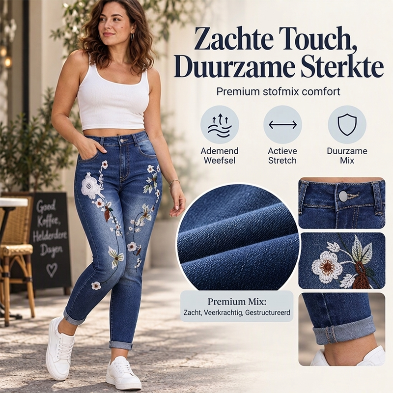 🔥Gratis verzending✈️Dames elastische jeans met bloem borduursel en skinny pasvorm