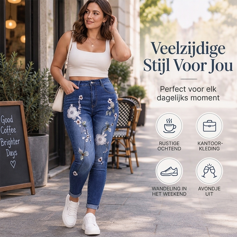 🔥Gratis verzending✈️Dames elastische jeans met bloem borduursel en skinny pasvorm