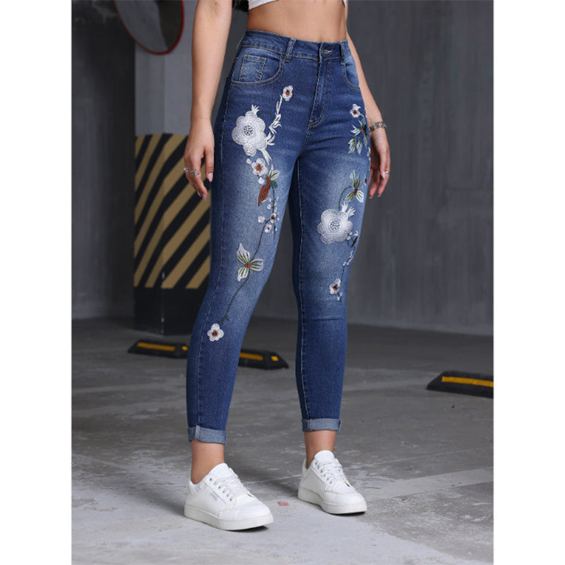 🔥Gratis verzending✈️Dames elastische jeans met bloem borduursel en skinny pasvorm