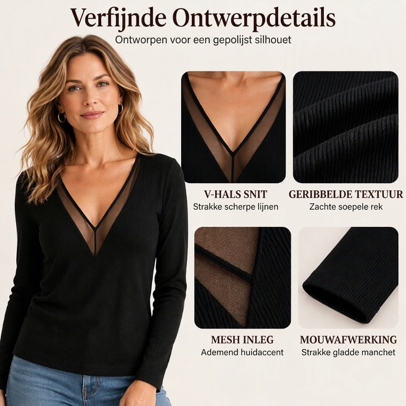 😍🥼Dames Mesh Patchwork V-hals Lange Mouwen Top