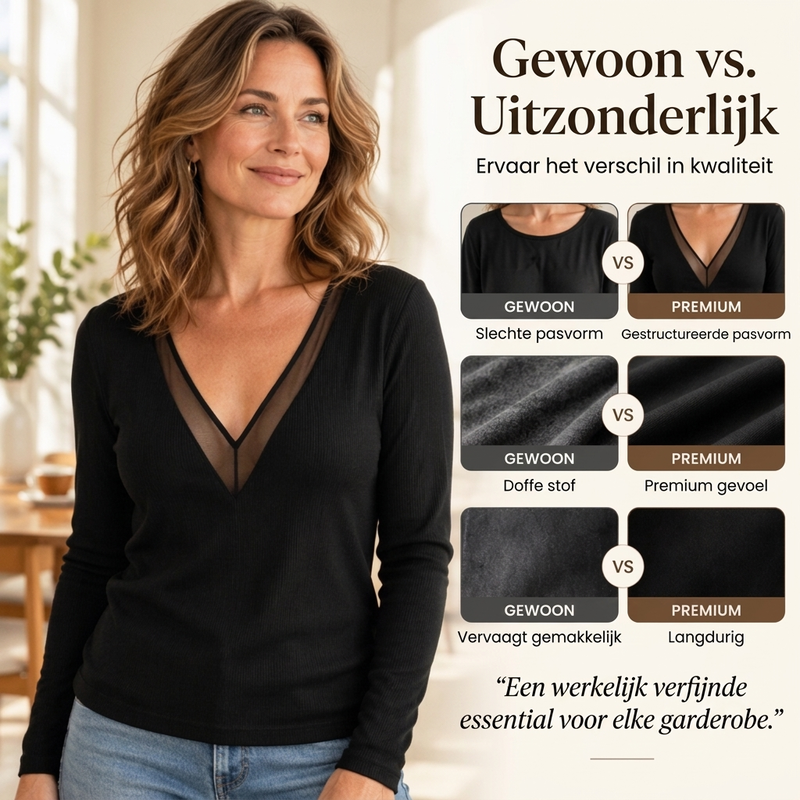 😍🥼Dames Mesh Patchwork V-hals Lange Mouwen Top