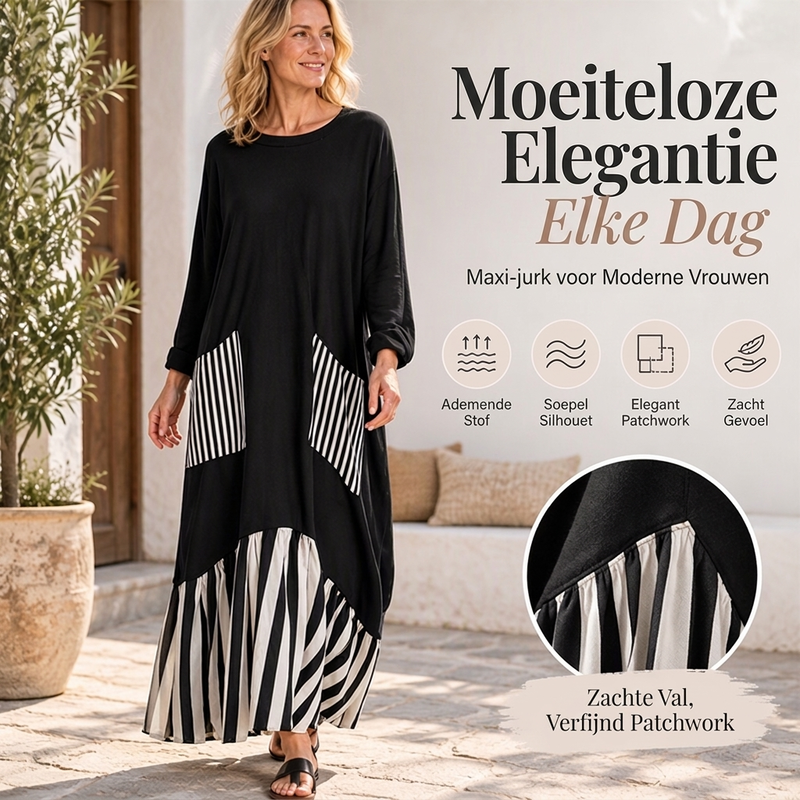 🔥Gratis verzending✈️Dames Gestreepte Patchwork Lange Mouw Maxi Jurk