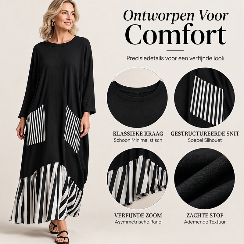 🔥Gratis verzending✈️Dames Gestreepte Patchwork Lange Mouw Maxi Jurk