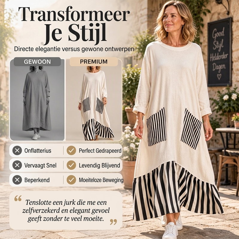 🔥Gratis verzending✈️Dames Gestreepte Patchwork Lange Mouw Maxi Jurk