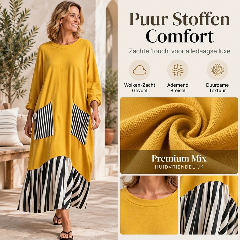 🔥Gratis verzending✈️Dames Gestreepte Patchwork Lange Mouw Maxi Jurk