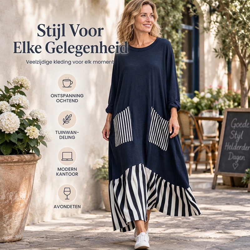 🔥Gratis verzending✈️Dames Gestreepte Patchwork Lange Mouw Maxi Jurk