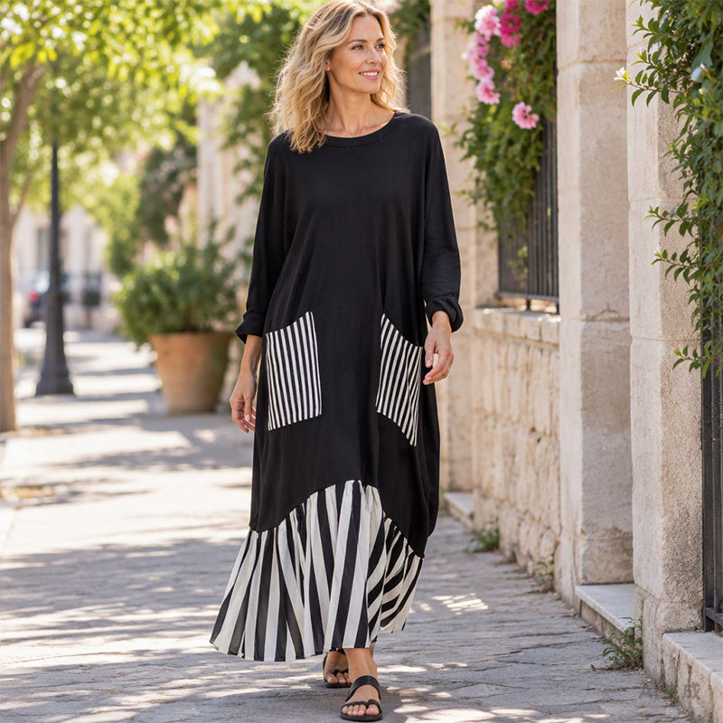 🔥Gratis verzending✈️Dames Gestreepte Patchwork Lange Mouw Maxi Jurk