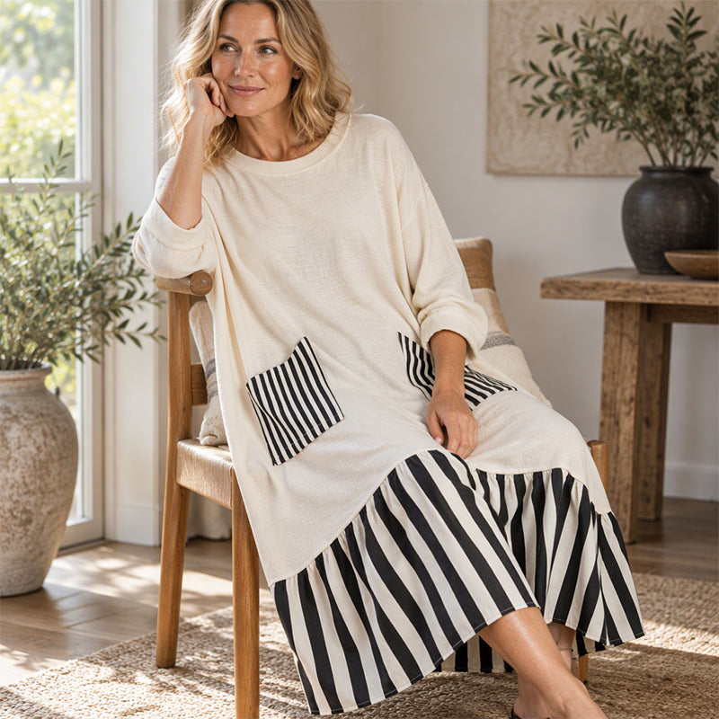 🔥Gratis verzending✈️Dames Gestreepte Patchwork Lange Mouw Maxi Jurk