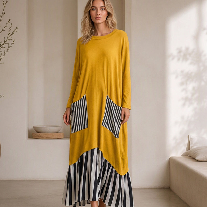 🔥Gratis verzending✈️Dames Gestreepte Patchwork Lange Mouw Maxi Jurk
