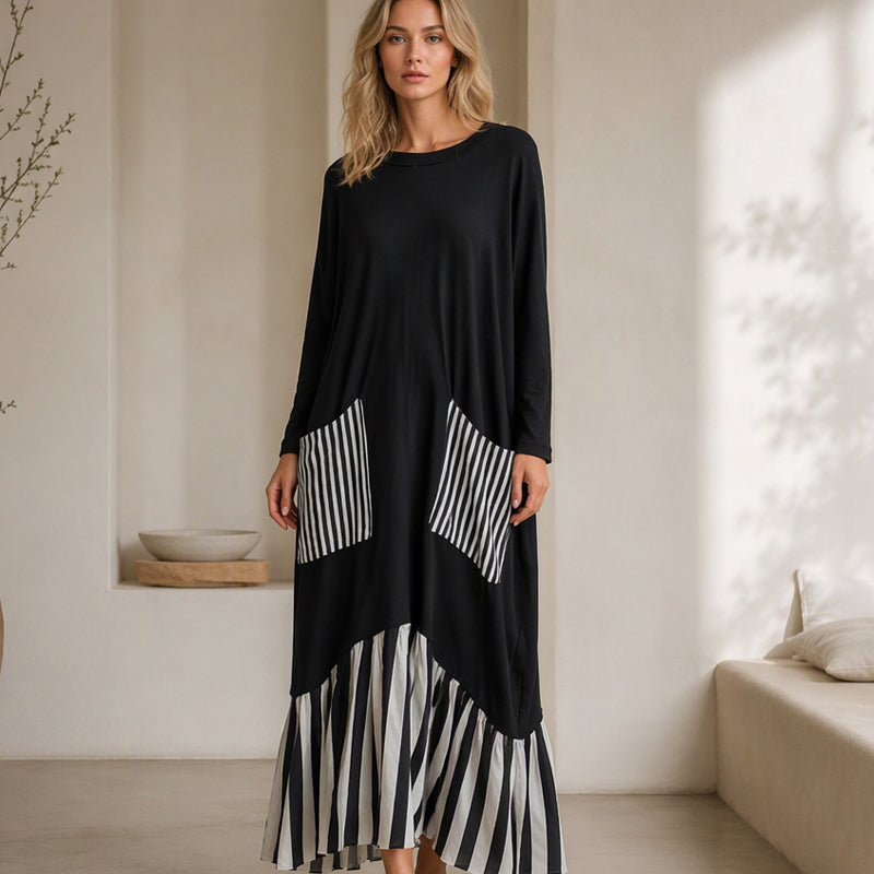 🔥Gratis verzending✈️Dames Gestreepte Patchwork Lange Mouw Maxi Jurk