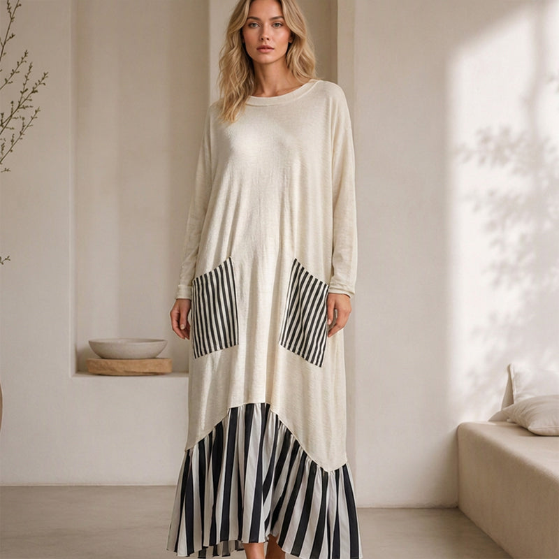 🔥Gratis verzending✈️Dames Gestreepte Patchwork Lange Mouw Maxi Jurk