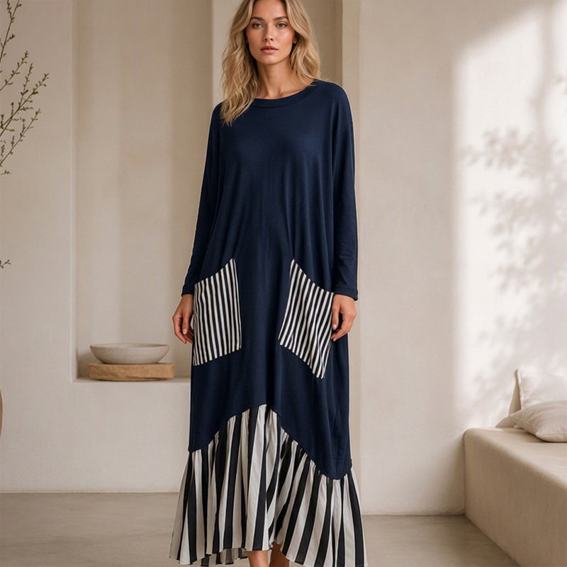 🔥Gratis verzending✈️Dames Gestreepte Patchwork Lange Mouw Maxi Jurk