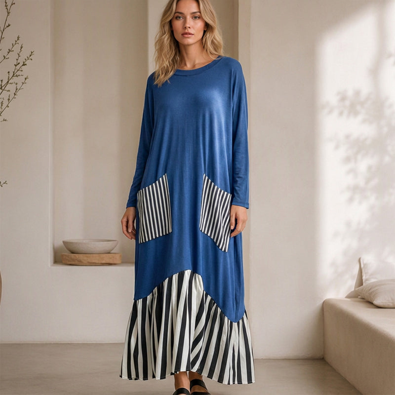 🔥Gratis verzending✈️Dames Gestreepte Patchwork Lange Mouw Maxi Jurk