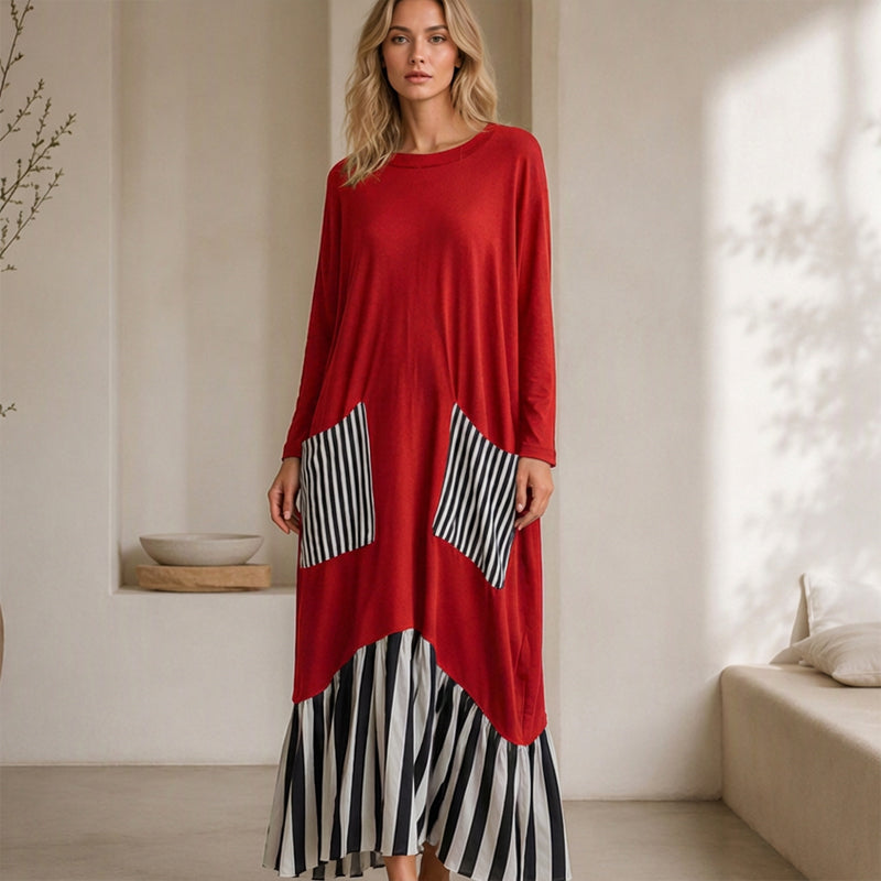 🔥Gratis verzending✈️Dames Gestreepte Patchwork Lange Mouw Maxi Jurk