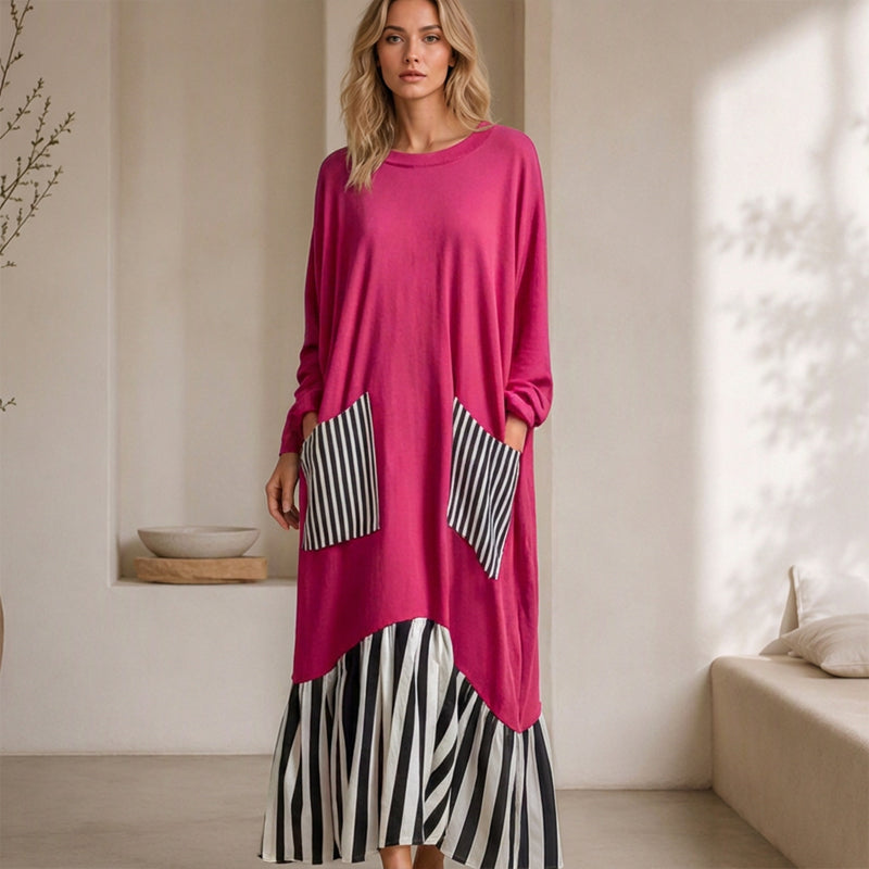 🔥Gratis verzending✈️Dames Gestreepte Patchwork Lange Mouw Maxi Jurk
