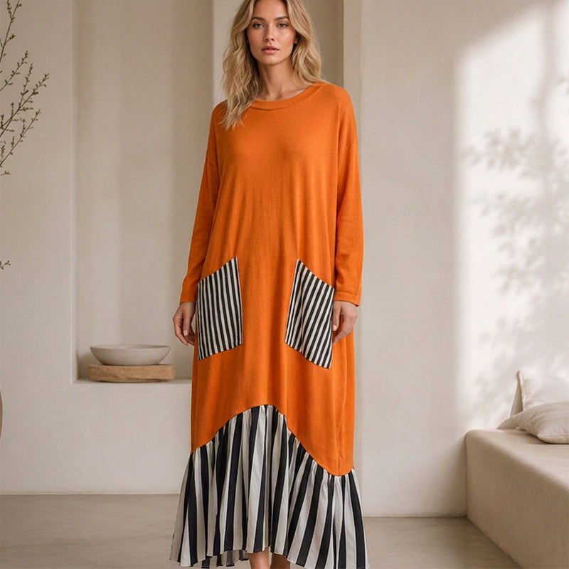 🔥Gratis verzending✈️Dames Gestreepte Patchwork Lange Mouw Maxi Jurk