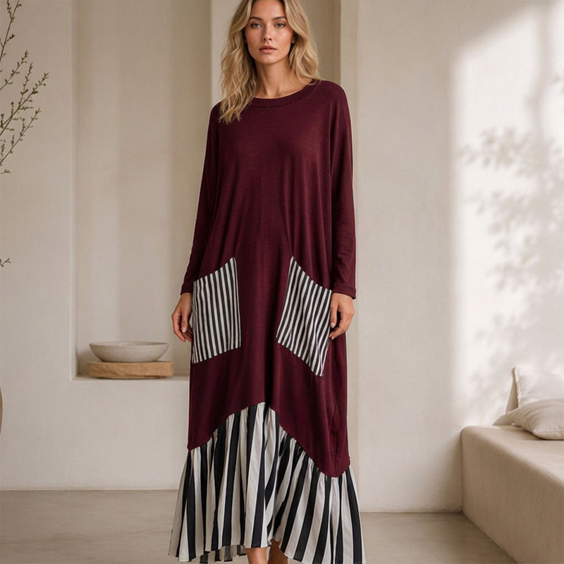 🔥Gratis verzending✈️Dames Gestreepte Patchwork Lange Mouw Maxi Jurk