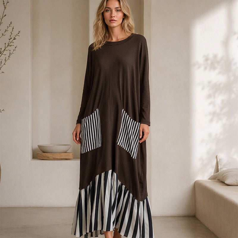 🔥Gratis verzending✈️Dames Gestreepte Patchwork Lange Mouw Maxi Jurk