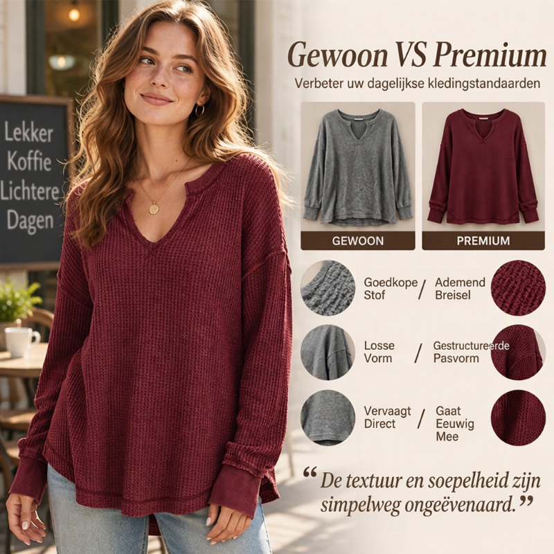 🔥Populair product ！✨Dames Wafelbreisel Lange Mouwen V-Hals Top