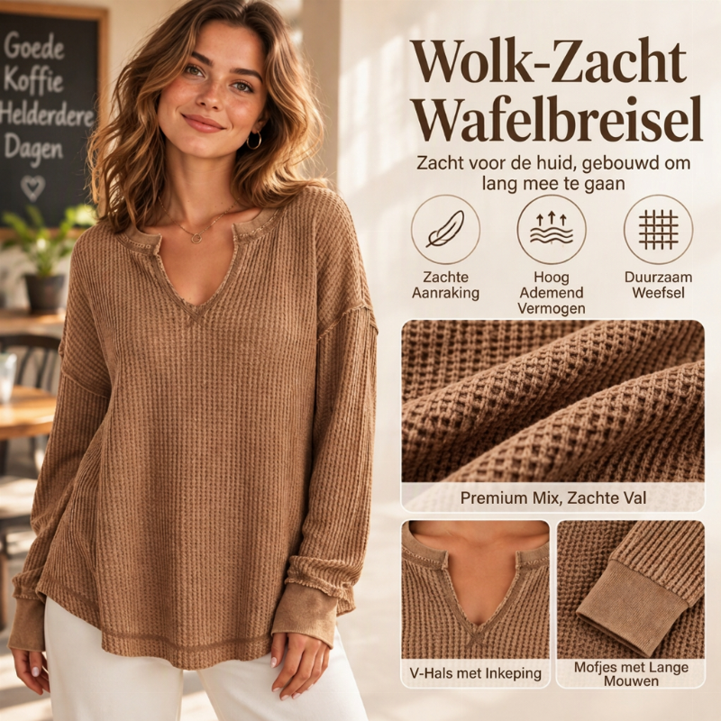 🔥Populair product ！✨Dames Wafelbreisel Lange Mouwen V-Hals Top