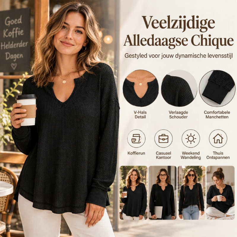 🔥Populair product ！✨Dames Wafelbreisel Lange Mouwen V-Hals Top