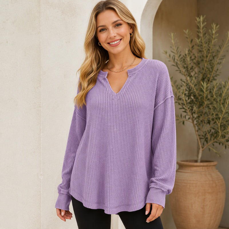 🔥Populair product ！✨Dames Wafelbreisel Lange Mouwen V-Hals Top