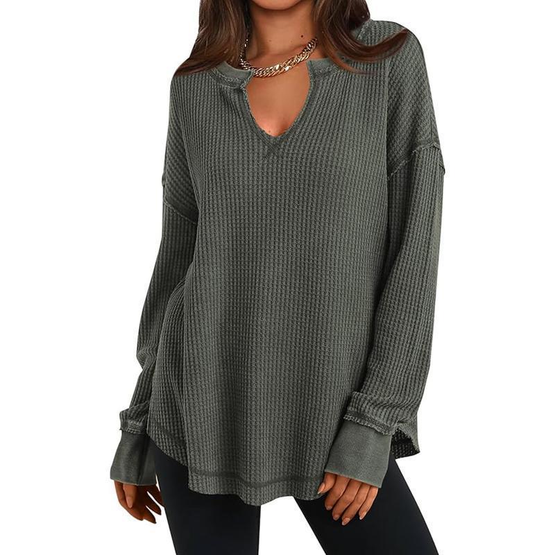 🔥Populair product ！✨Dames Wafelbreisel Lange Mouwen V-Hals Top