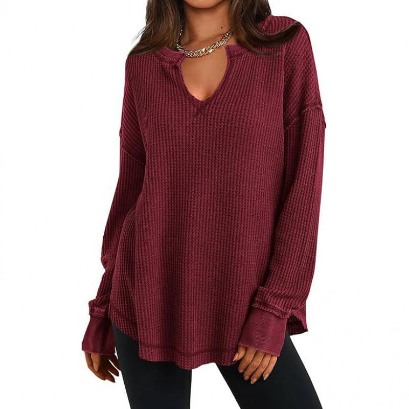 🔥Populair product ！✨Dames Wafelbreisel Lange Mouwen V-Hals Top