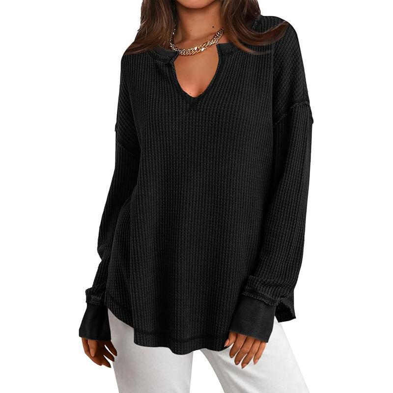 🔥Populair product ！✨Dames Wafelbreisel Lange Mouwen V-Hals Top