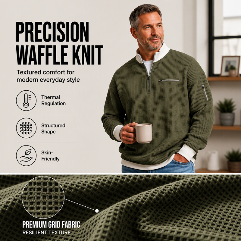 Casual herensweatshirt met wafelpatroon en kwartritssluiting