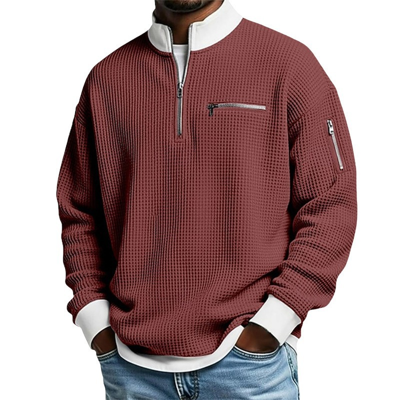 Casual herensweatshirt met wafelpatroon en kwartritssluiting